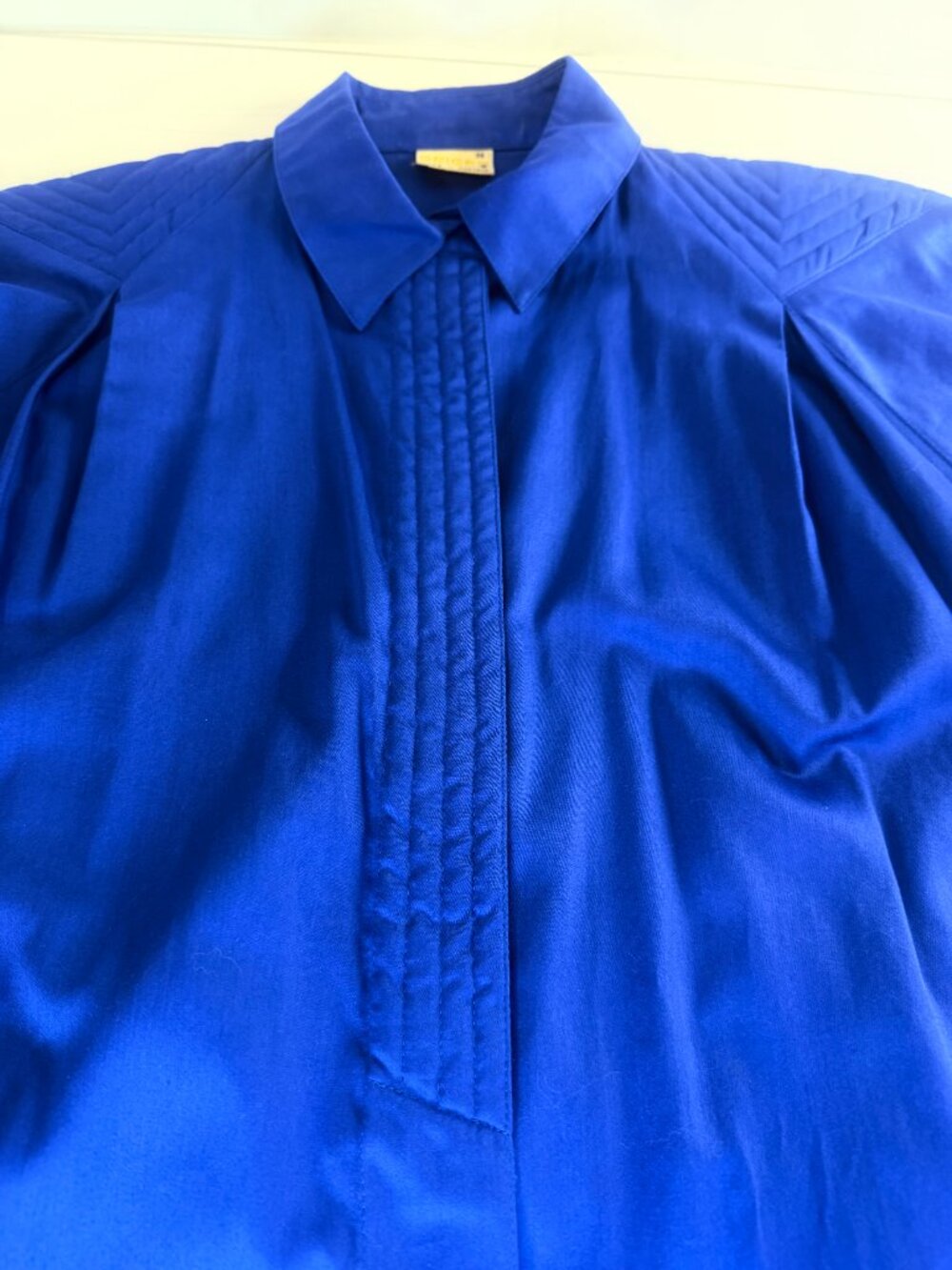 Vintage Geiger Austria Royal Blue Cotton Tuxedo Blouse SZ 36 Quilted 1980s Shirt
